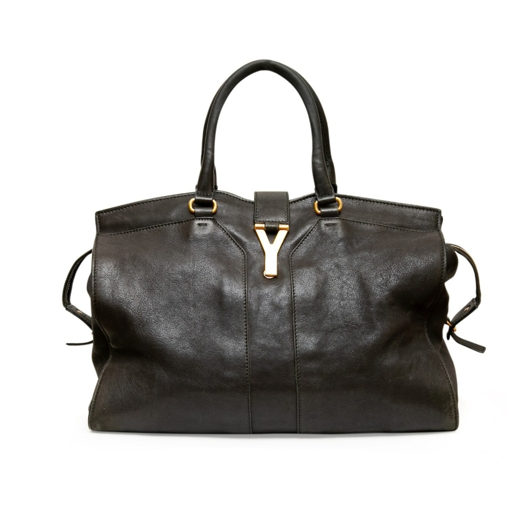 Authentic Yves Saint Laurent Large YSL Calf Leather Black Cabas Chyc Satchel